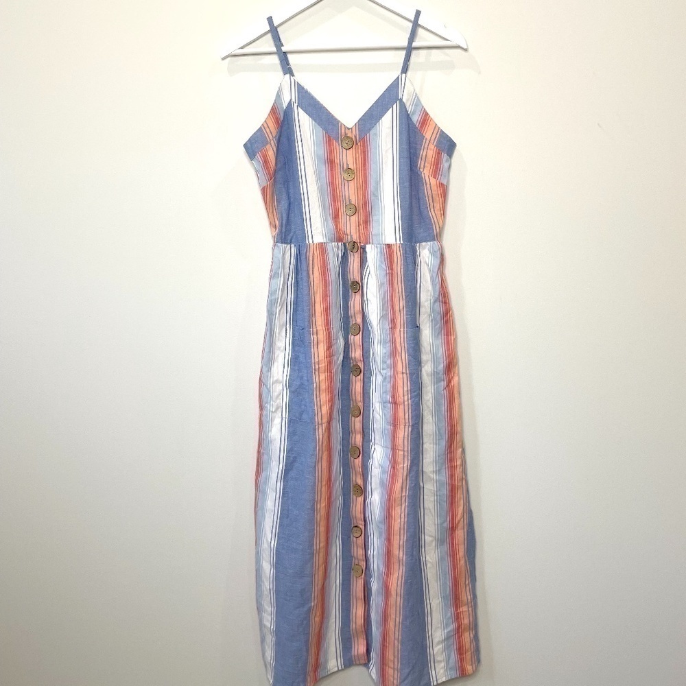 Angie V-Neck Striped Multi-Color Button Dress with Straps